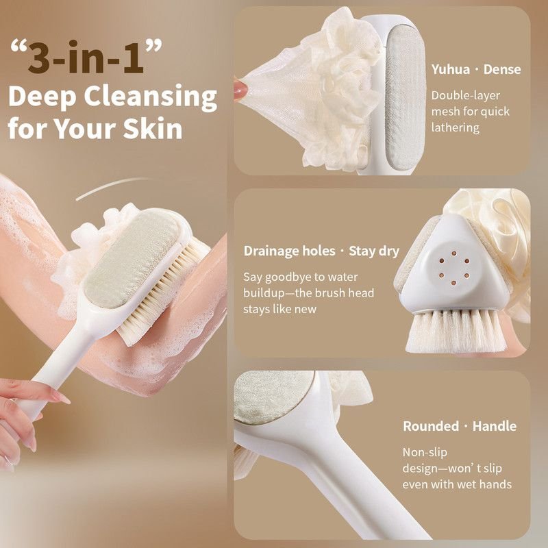 3-in-1 Long-Handle Body Scrub Brush | Pink